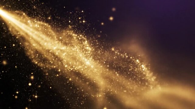 A bright golden light beam shines through dark space with floating particles