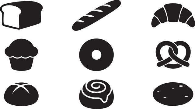 Set of various baked goods including bread, croissant, muffin, donut, pretzel and more