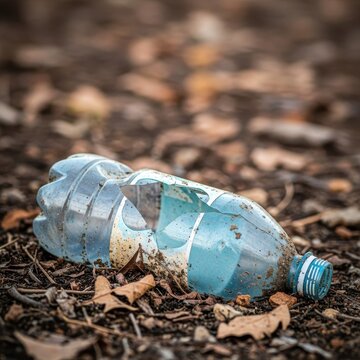 An old plastic bottle sits discarded among debris and dirt, showing the widespread problem of pollution and non-biodegradable waste, old, waste, earth