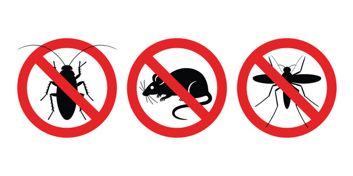 Black silhouette of insect pests with stop insects sign, mosquito, rat, cockroach, and flea inside red forbidding circle, vector illustration representing pest control, hygiene, and prevention concept