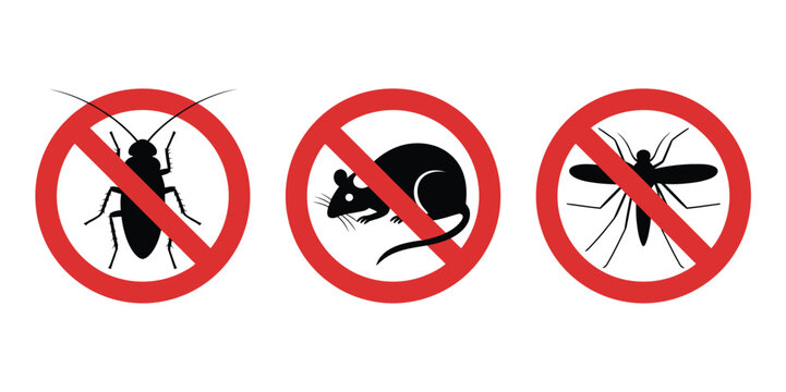 Black silhouette of insect pests with stop insects sign, mosquito, rat, cockroach, and flea inside red forbidding circle, vector illustration representing pest control, hygiene, and prevention concept