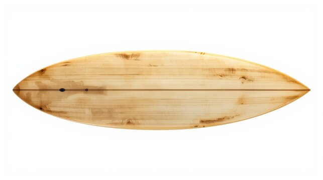 Classic wooden surfboard with smooth natural finish and symmetrical shape isolated on white background