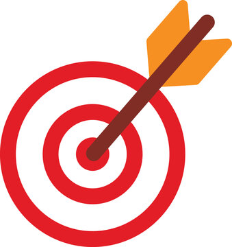 Red target with brown arrow and orange fletching, hitting bullseye