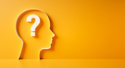 Conceptual artwork showing a 3D silhouette of a head with question marks against yellow wall 