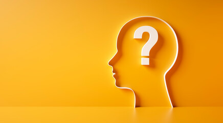 Conceptual artwork showing a 3D silhouette of a head with question marks against yellow wall 