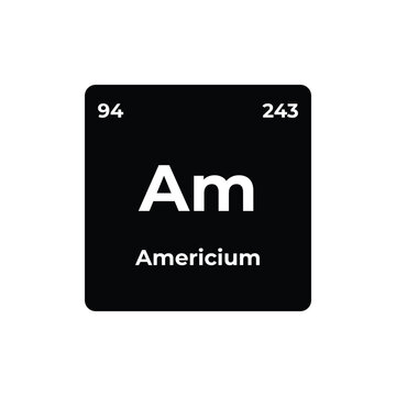 Americium Am periodic table element tile with atomic number 94 and atomic mass 243, minimalist chemistry icon of a radioactive chemical element from the periodic table for science and education.