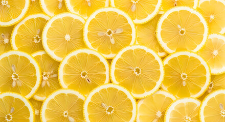 Obraz premium Fresh Yellow Lemon Slices Background Pattern Top View