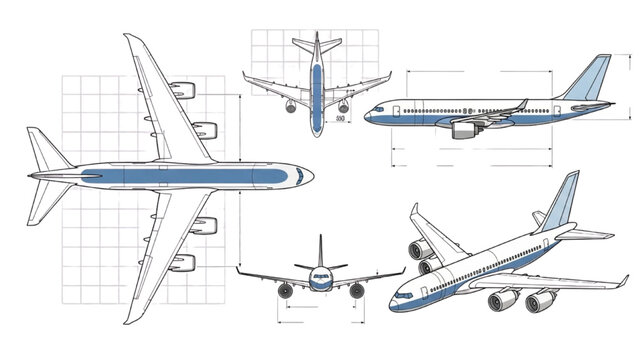 Vector CAD design of a blue and white airplane with multiple views