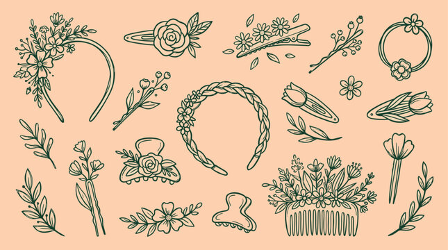 Hand drawn floral hair accessories collection including headbands barrettes and combs with botanical elements on a peach background
