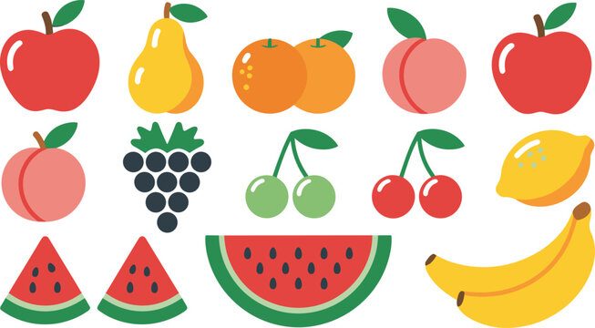 Colorful fresh fruit vector icon set featuring apple pear orange peach grapes cherry lemon watermelon and banana isolated on white background