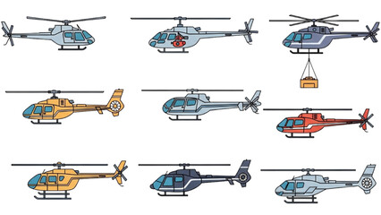 Vector CAD design showcases various helicopters in flight. © Stock Image Paradise