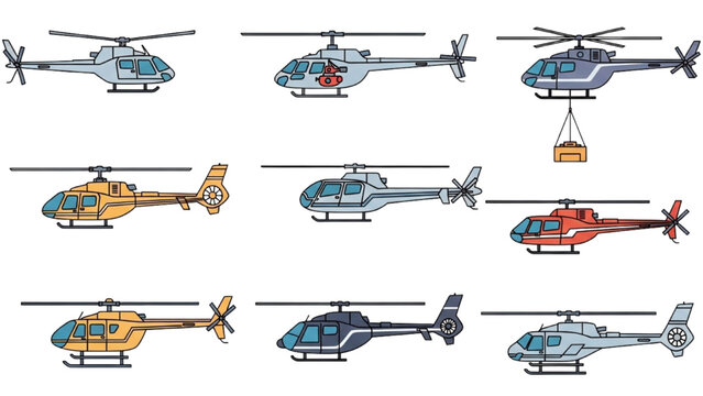Vector CAD design showcases various helicopters in flight.