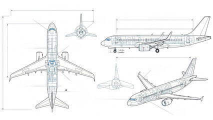 Detailed vector CAD design of airplane in various angles and views © Stock Image Paradise
