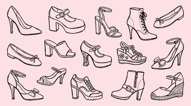Collection of diverse women's footwear sketches including heels boots sandals and flats on a pink background