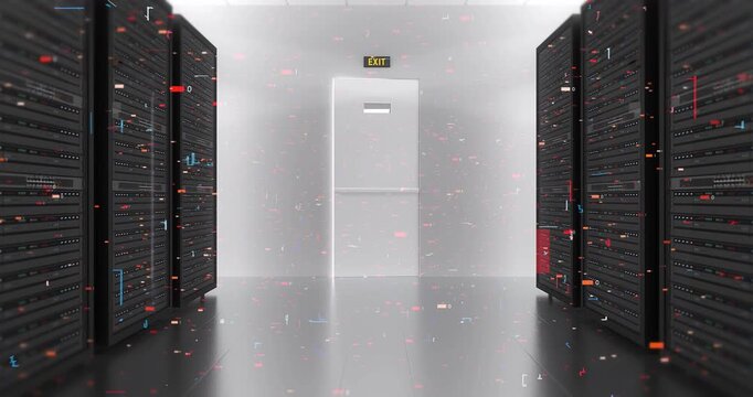 Camera flying through server room racks into digital AI processor animation. Technology Related 3D Animation.
