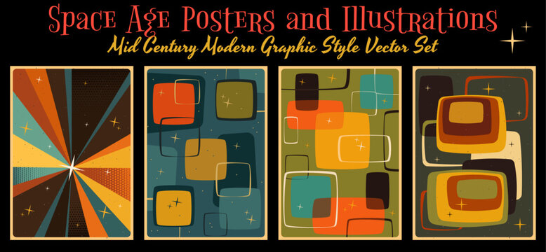 Space Age Posters and Backgrounds. Mid Century Modern Graphic Style Vector Set from the 1950s. Templates for Retro Party, Event Poster, Atomic Age Style, Space Age Design, Abstract Shapes, 1950s Color