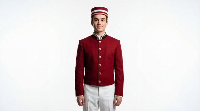Professional hotel bellhop in red vintage uniform, young male porter standing in traditional concierge attire, luxury hospitality service staff