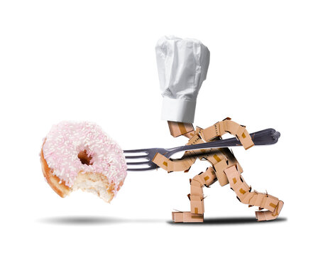 Donut with a bite missing on the fork of a chef character white background