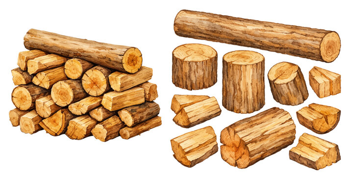 A watercolor collection of firewood logs featuring stacked timber, cut wood pieces, and natural wooden trunks in a rustic woodland style isolated on white background.