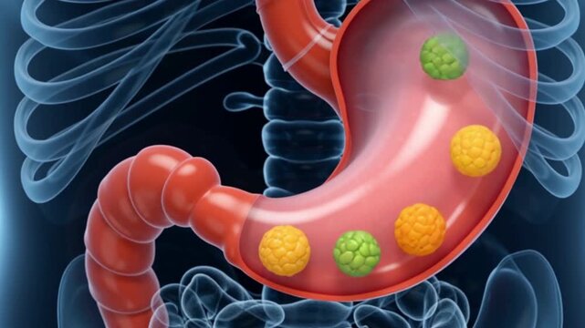 The stomach contains green and yellow pills inside with ribcage visible