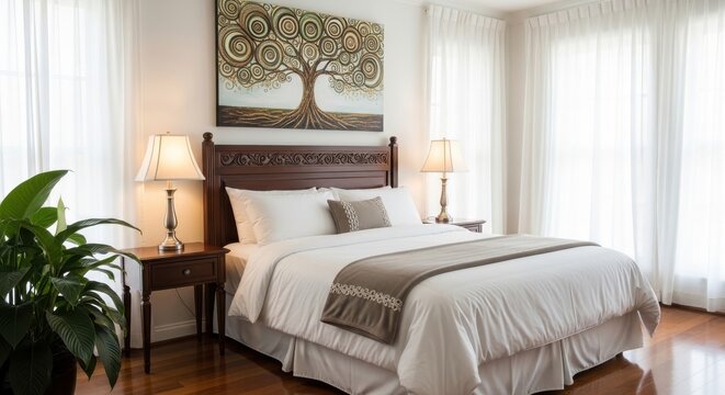 A serene and modern bedroom interior featuring neutral tones and a decorative tree wall painting.