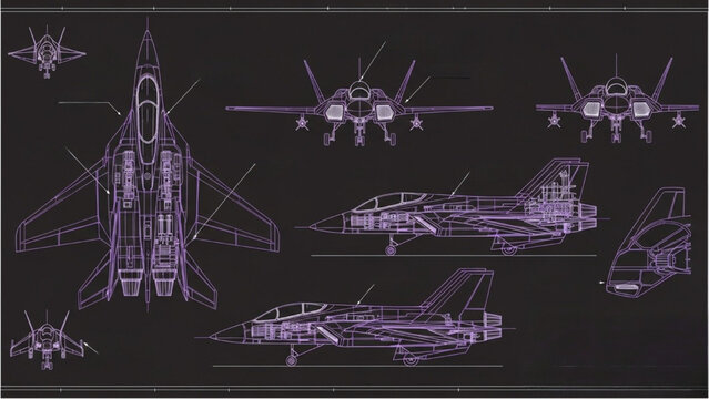 Vector CAD design of various military fighter jet aircraft blueprints