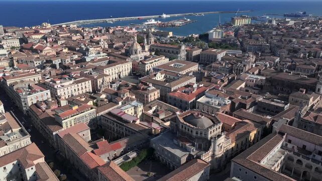 Catania central square, Basilica Cattedrale di Sant Agata. Aerial, Historic piazza del Duomo in Catania, Sicily, Italy.
