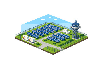 Obraz premium Isometric solar power station with security tower and control buildings