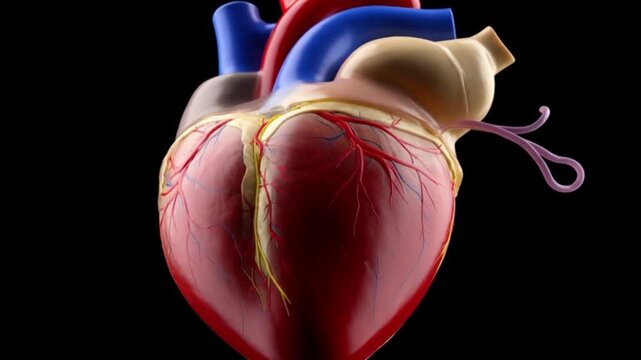 The human heart is shown in detailed anatomy with vessels and chambers