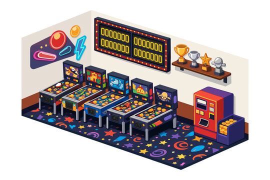 Retro arcade room filled with colorful pinball machines and trophies