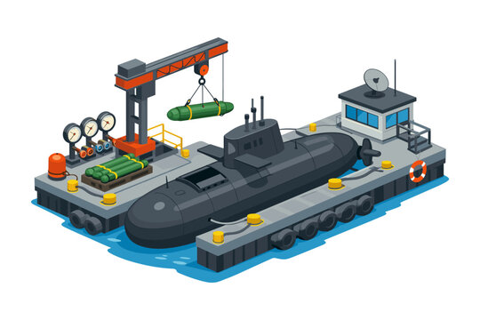 Submarine being loaded with torpedoes at a naval dockyard with a crane