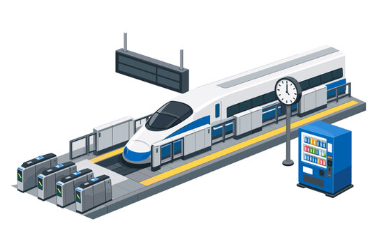 Modern high-speed train at a station with ticket gates and vending machine