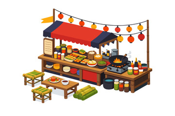 Obraz premium Colorful street food stall with various dishes and decorations