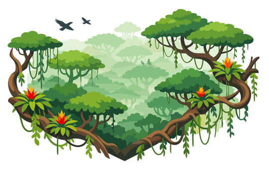 Lush jungle canopy with vibrant bromeliads and birds in flight