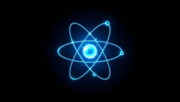 A glowing blue atom with electrons orbiting around the nucleus in a dark background