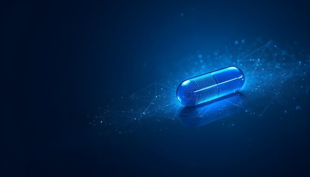 A glowing blue capsule with a futuristic design on a dark background with neon lights