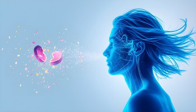 A futuristic digital illustration of a woman with a glowing blue circuit pattern and a broken heart