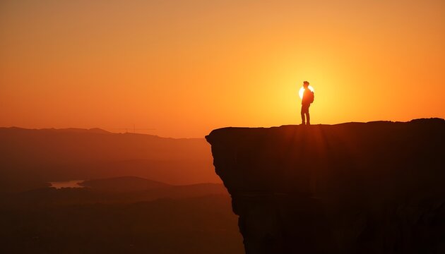 A lone person stands on a cliff edge at sunset overlooking a vast landscape