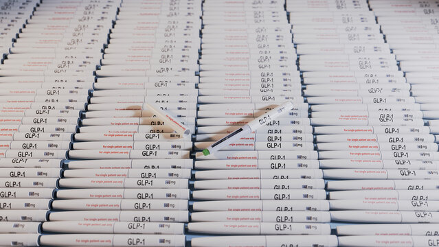 3d rendered image of a large collections of glucagon like peptide 1 or GLP-1 injection pens.