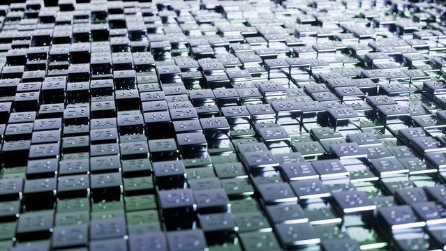 3d rendered image of a collection of metallic cubes, each with an 8 bit hexadecimal number imprint.  Could be used to represent memory or any generic computing memory.
