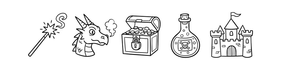Set of fantasy doodle icons featuring a magic wand, dragon head, treasure chest, poison potion, and medieval castle. Hand-drawn black line art isolated on white background. © Nort Kor