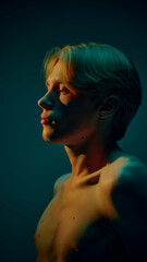 Side profile portrait of young man with clean skin in dramatic colored lighting. Concept of male skincare routine, daily care habits, hydration balance, and modern grooming lifestyle visuals.