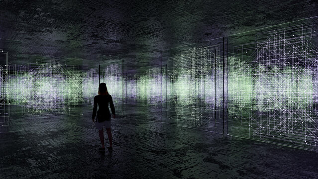 3d rendered abstract image of a woman in a large concrete room full of surreal illuminated circuit like structures that are etched into glass.