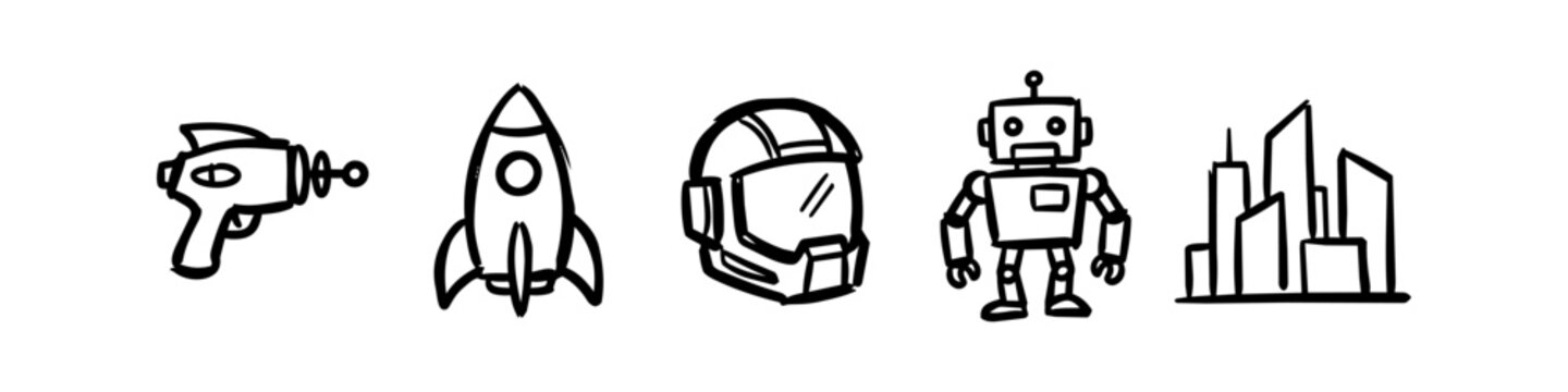 Minimalist hand-drawn sci-fi icons set featuring a ray gun, rocket ship, astronaut helmet, vintage robot, and futuristic city skyline. Black ink doodle style on white background.