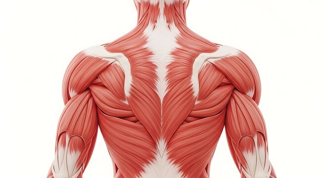 Detailed anatomical rendering showcasing the muscles of the human back, in vibrant tones