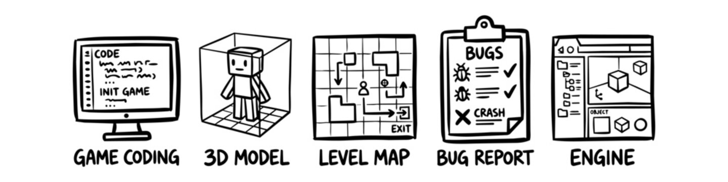 Hand-drawn minimalist icons showing game development stages: coding, 3D modeling, level mapping, bug reporting, and engine interface. Clean black and white doodle style line art.