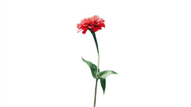 Single red zinnia flower blooms with a green stem and leaves against a white background.