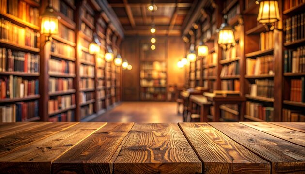 blurred background of a cozy library interior featuring long rows of old books neatly arranged on classic wooden shelves.
