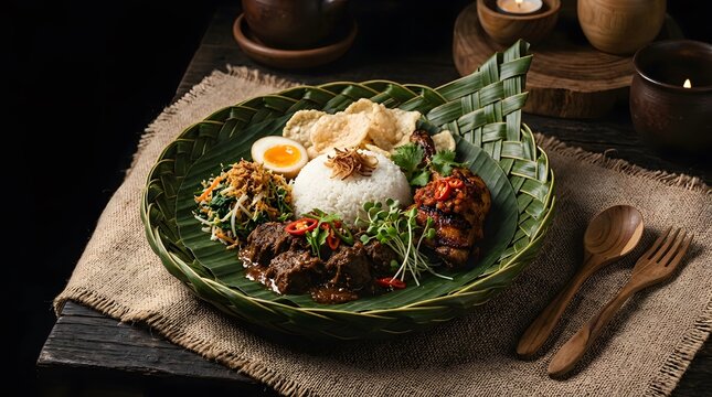 Traditional Indonesian nasi campur with rendang chicken urap and egg served on banana leaf