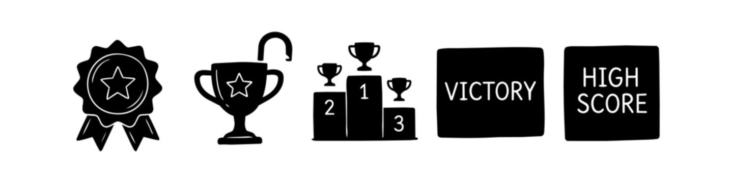 A hand-drawn set of victory and achievement icons including a trophy, medal, podium, and high score signs. Black and white doodle style for game rewards, success concepts, and competition wins.